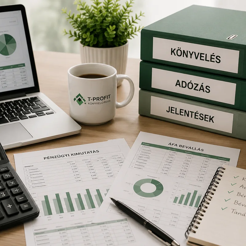 T-PROFIT könyvelési munkakörnyezet laptop mellett, iratokkal és számológéppel